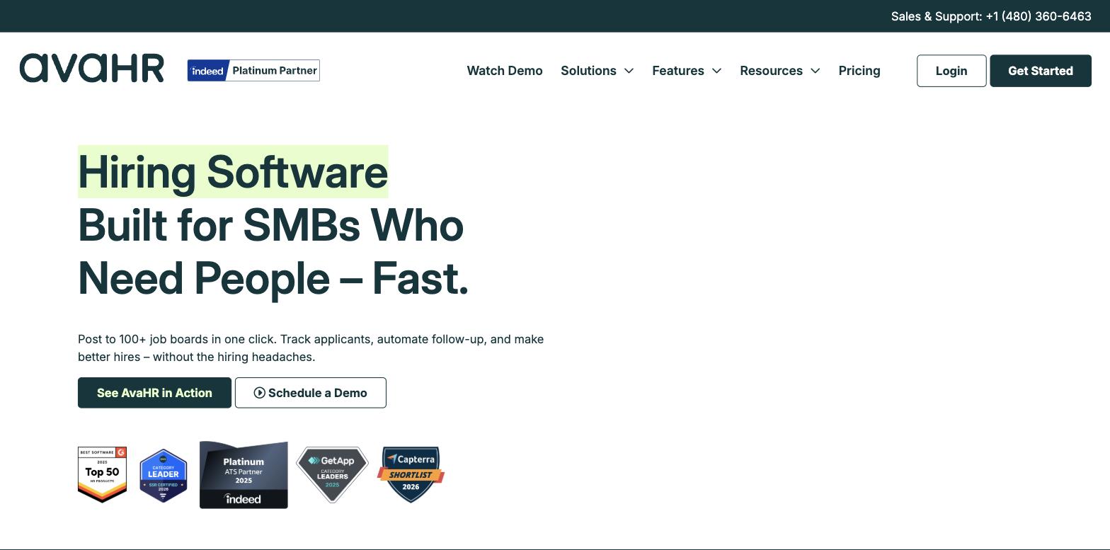 AvaHR applicant tracking system homepage - best ATS software for small business