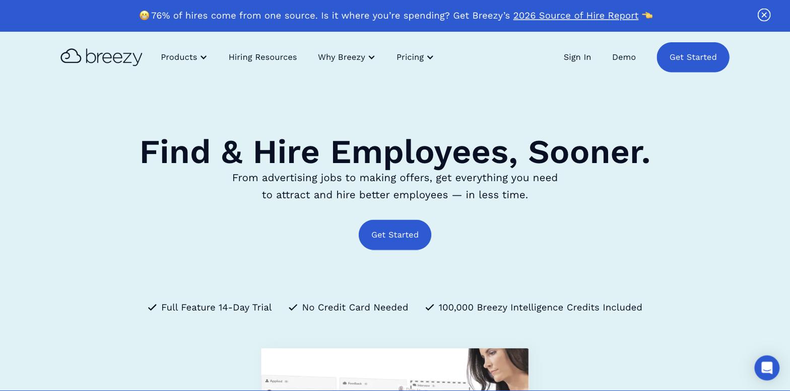 BreezyHR applicant tracking system homepage - visual ATS software with drag and drop pipelines