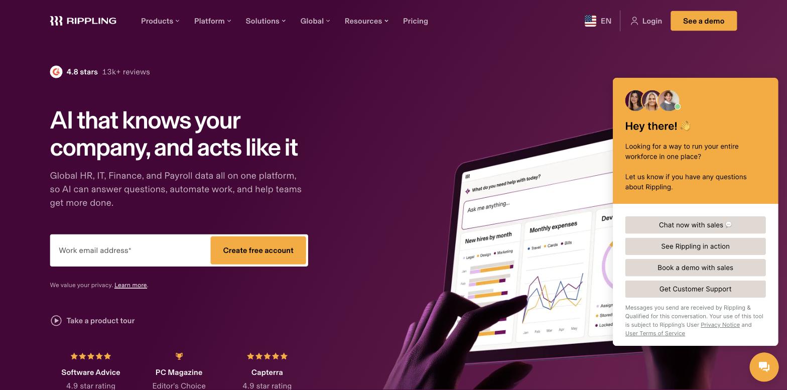 Rippling applicant tracking system homepage - unified HR and ATS platform