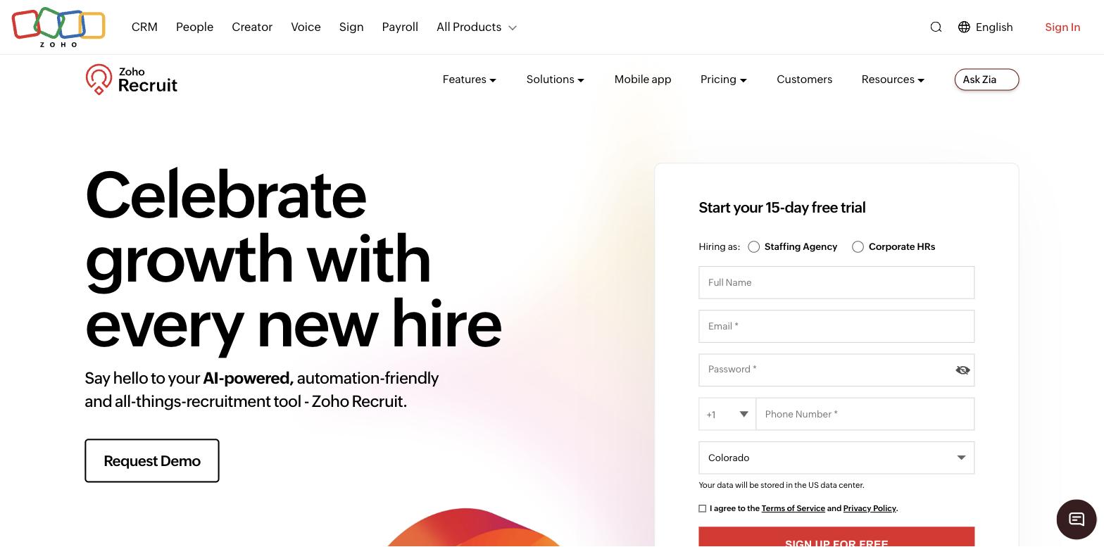 Zoho Recruit applicant tracking system homepage - AI powered ATS for HR teams